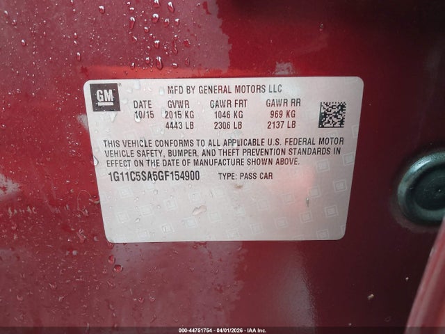 44751754 :رقم المزاد ، 1G11C5SA5GF154900 vin ، 2016 Chevrolet Malibu Limited Lt مزاد بيع