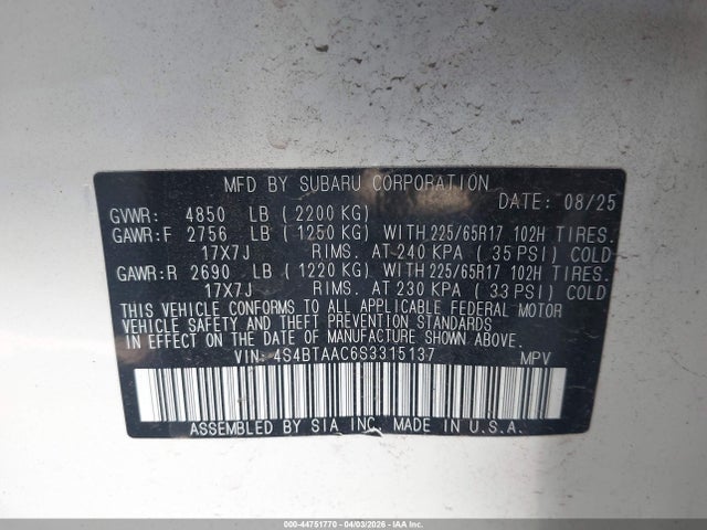 4S4BTAAC6S3315137 Subaru Outback