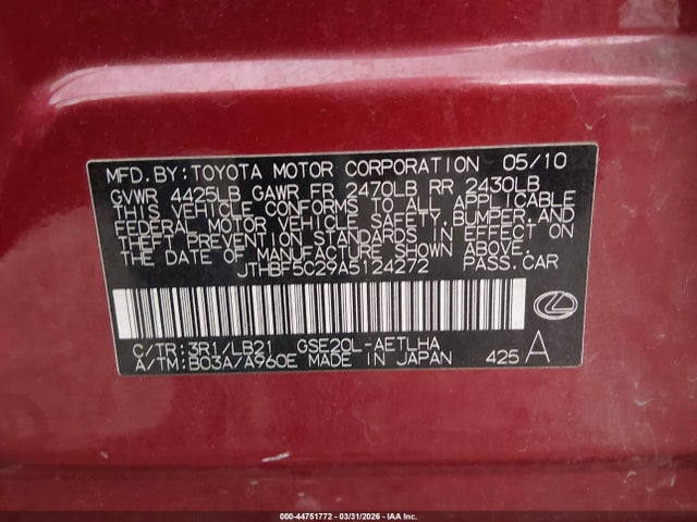 Aukcja sprzedaży 2010 Lexus Is 250, vin: JTHBF5C29A5124272, numer aukcji: 44751772