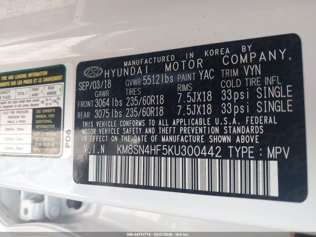 KM8SN4HF5KU300442 Hyundai Santa Fe Xl Se