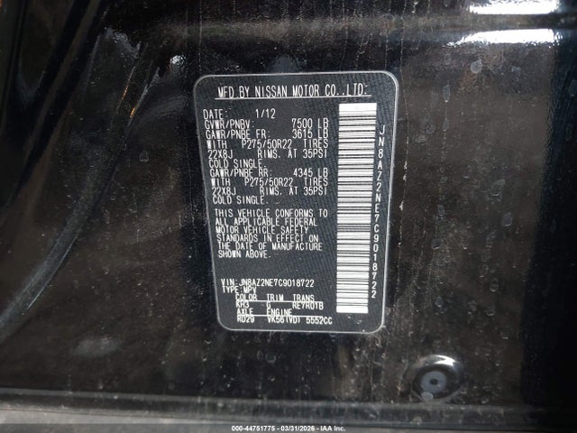 Продаж на аукціоні авто 2012 Infiniti Qx56, vin: JN8AZ2NE7C9018722, номер лоту: 44751775