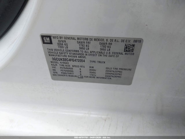 44751781 :رقم المزاد ، 3GCUKSEC4FG472054 vin ، 2015 Chevrolet Silverado 1500 2lz مزاد بيع