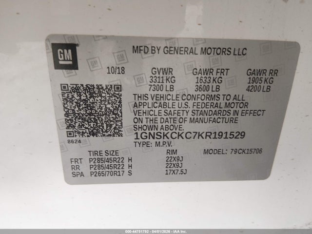 Aukcja sprzedaży 2019 Chevrolet Tahoe Premier, vin: 1GNSKCKC7KR191529, numer aukcji: 44751792