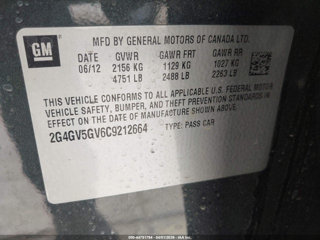 Aukcja sprzedaży 2012 Buick Regal Gs, vin: 2G4GV5GV6C9212664, numer aukcji: 44751794
