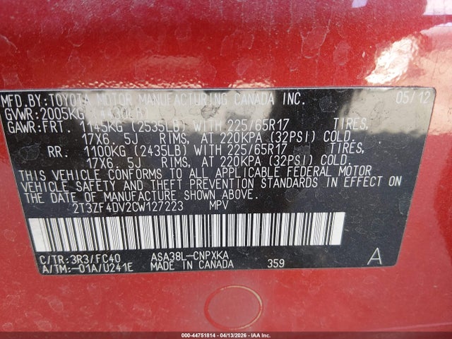 Aukcja sprzedaży 2012 Toyota Rav4, vin: 2T3ZF4DV2CW127223, numer aukcji: 44751814