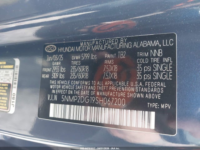 44751817 :رقم المزاد ، 5NMP2DG19SH067200 vin ، 2025 Hyundai Santa Fe Hybrid Sel مزاد بيع