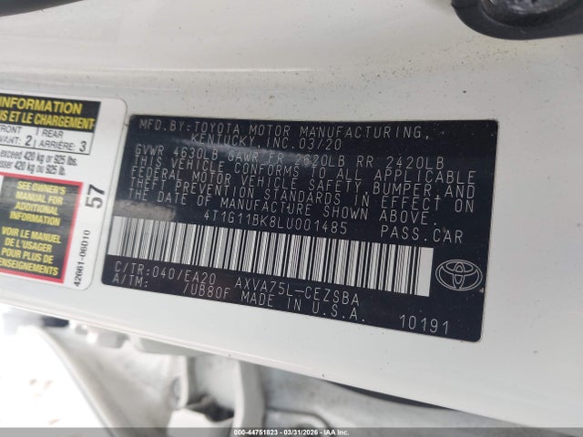 Продаж на аукціоні авто 2020 Toyota Camry Se Awd, vin: 4T1G11BK8LU001485, номер лоту: 44751823