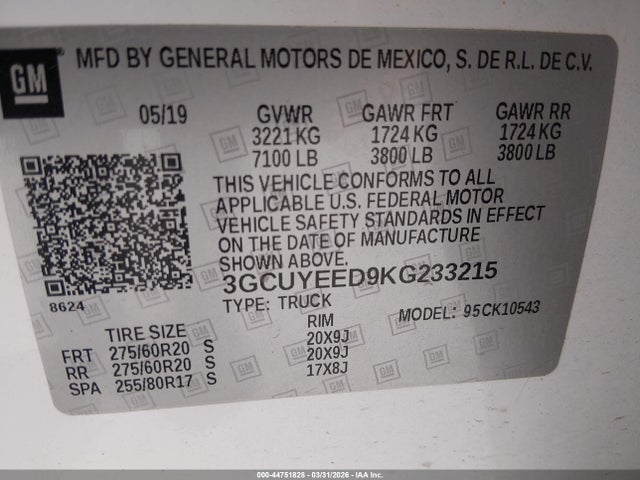Aukcja sprzedaży 2019 Chevrolet Silverado 1500 Rst, vin: 3GCUYEED9KG233215, numer aukcji: 44751828