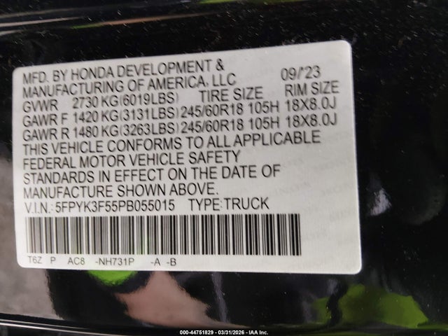 2023 Honda Ridgeline Rtl მანქანა იყიდება აუქციონზე, vin: 5FPYK3F55PB055015, აუქციონის ნომერი: 44751829