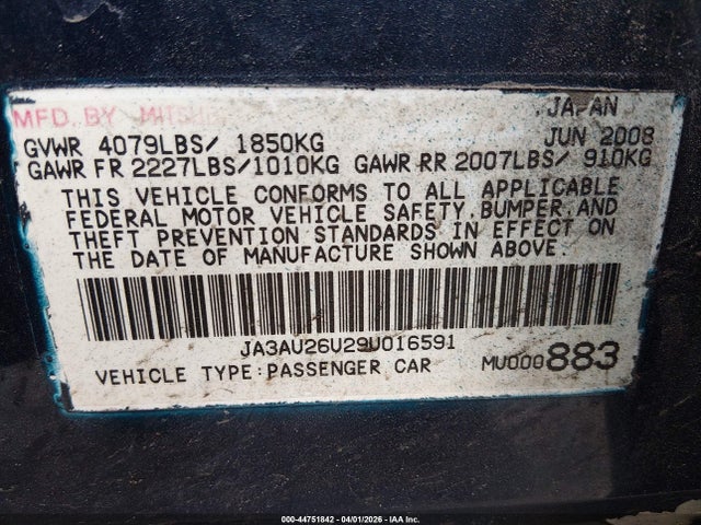 2009 Mitsubishi Lancer Es/es-sport მანქანა იყიდება აუქციონზე, vin: JA3AU26U29U016591, აუქციონის ნომერი: 44751842