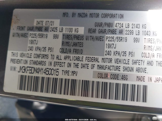 44751844 :رقم المزاد ، JM3KFBDM4M1450015 vin ، 2021 Mazda Cx-5 Grand Touring مزاد بيع