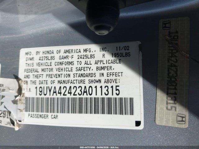 Aukcja sprzedaży 2003 Acura Cl 3.2, vin: 19UYA42423A011315, numer aukcji: 44751856