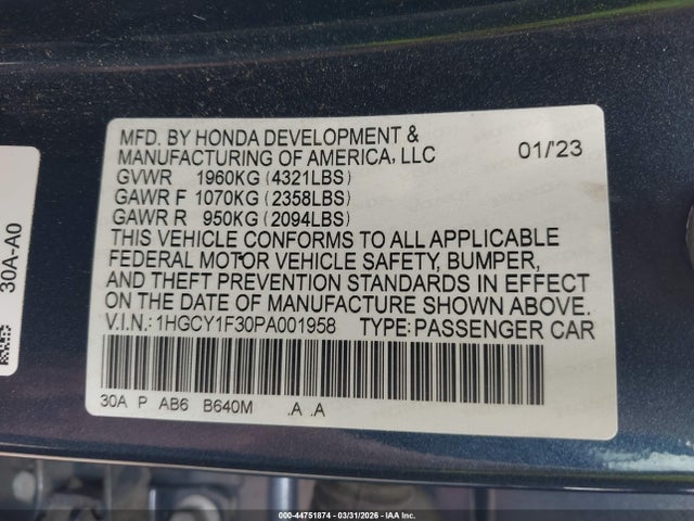 Aukcja sprzedaży 2023 Honda Accord Ex, vin: 1HGCY1F30PA001958, numer aukcji: 44751874