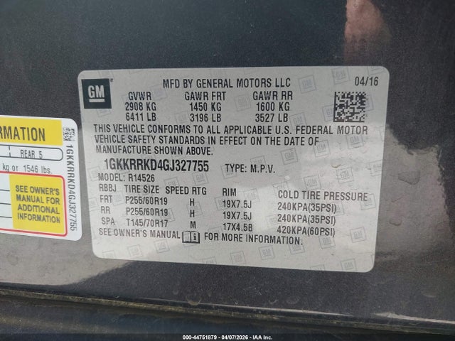 Продажа на аукционе авто 2016 Gmc Acadia Slt-1, vin: 1GKKRRKD4GJ327755, номер лота: 44751879