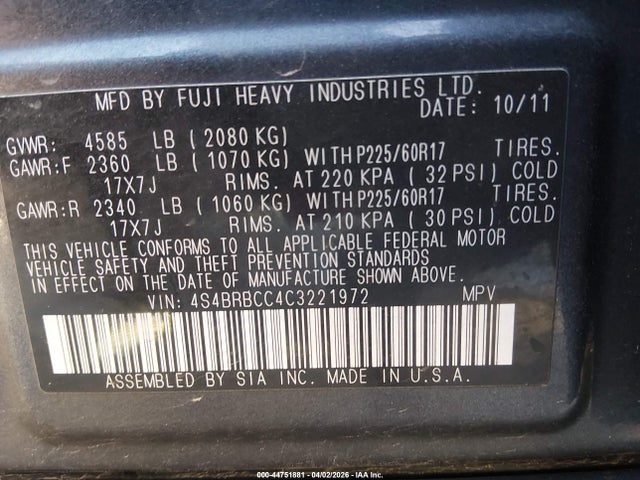 Auction sale of the 2012 Subaru Outback 2.5i Premium, vin: 4S4BRBCC4C3221972, lot number: 44751881