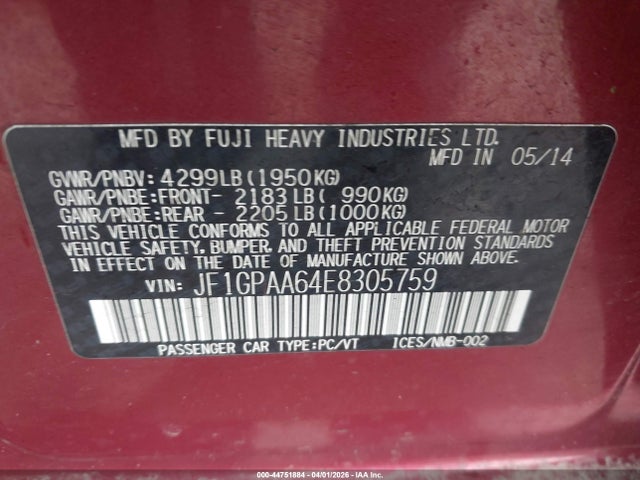 2014 Subaru Impreza 2.0i მანქანა იყიდება აუქციონზე, vin: JF1GPAA64E8305759, აუქციონის ნომერი: 44751884
