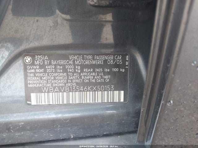 Aukcja sprzedaży 2006 Bmw 325i, vin: WBAVB13546KX50153, numer aukcji: 44751894