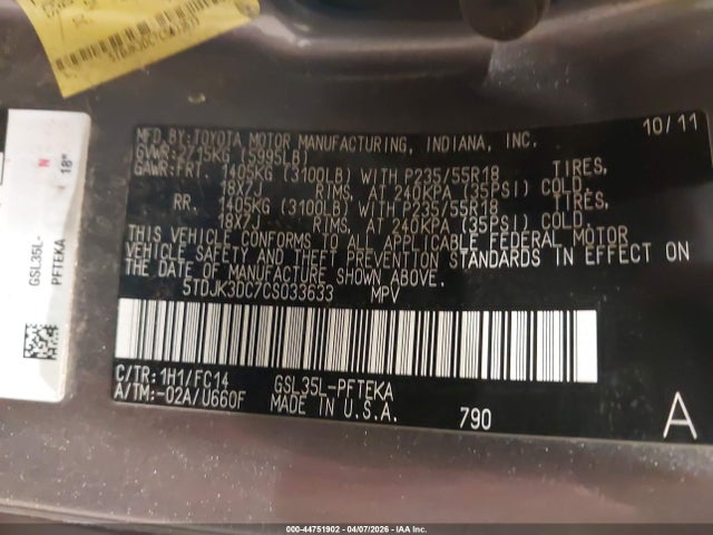 Продажа на аукционе авто 2012 Toyota Sienna Le 7 Passenger, vin: 5TDJK3DC7CS033633, номер лота: 44751902