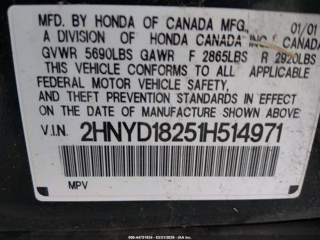 Aukcja sprzedaży 2001 Acura Mdx, vin: 2HNYD18251H514971, numer aukcji: 44751924