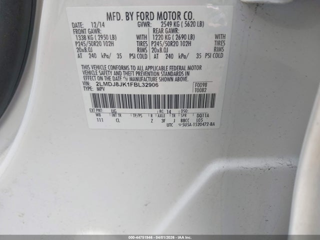 44751946 :رقم المزاد ، 2LMDJ8JK1FBL32906 vin ، 2015 Lincoln Mkx مزاد بيع