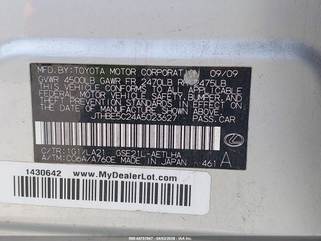 Продажа на аукционе авто 2010 Lexus Is 350, vin: JTHBE5C24A5023627, номер лота: 44751947