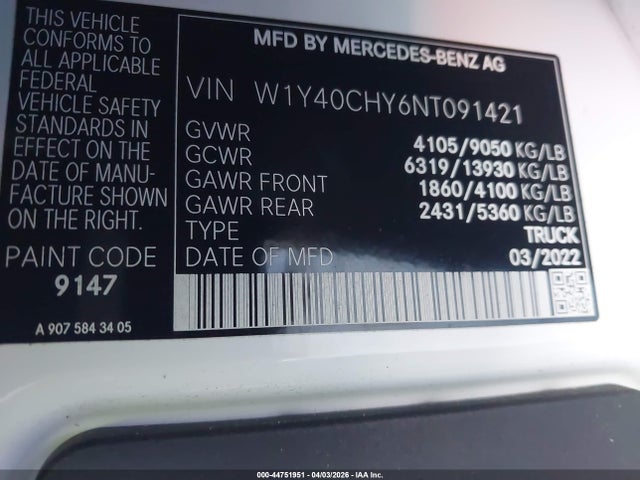 44751951 :رقم المزاد ، W1Y40CHY6NT091421 vin ، 2022 Mercedes-benz Sprinter 2500 High Roof I4 مزاد بيع