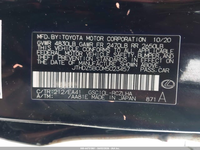 44751961 :رقم المزاد ، JTHDZ5BC0M5023457 vin ، 2021 Lexus Rc 350 مزاد بيع