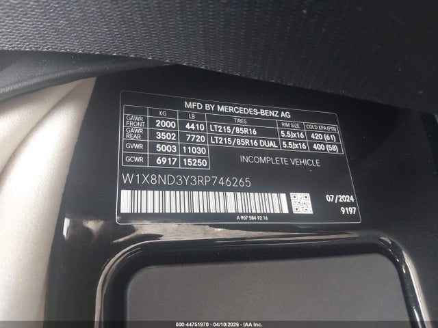 Продаж на аукціоні авто 2024 Mercedes-benz Sprinter 3500xd High Roof 4-cyl Diesel Ho, vin: W1X8ND3Y3RP746265, номер лоту: 44751970
