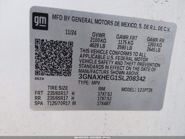 Продаж на аукціоні авто 2025 Chevrolet Equinox Fwd Lt, vin: 3GNAXHEG1SL208342, номер лоту: 44751973