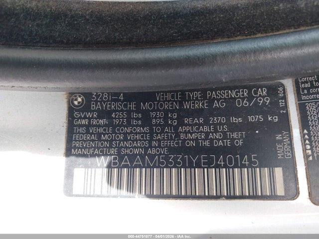 2000 Bmw 328i მანქანა იყიდება აუქციონზე, vin: WBAAM5331YEJ40145, აუქციონის ნომერი: 44751977