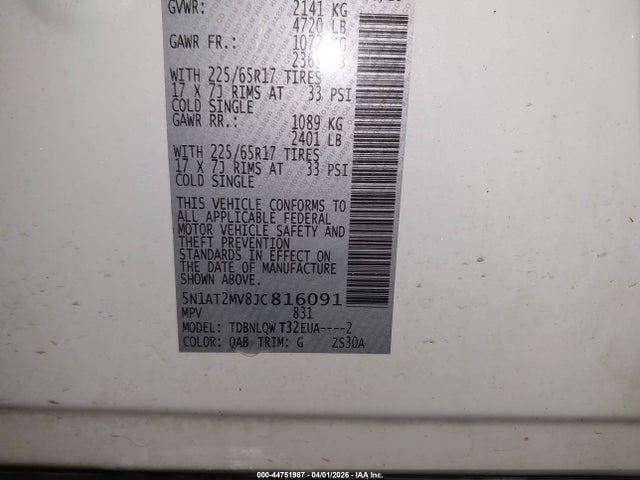44751987 :رقم المزاد ، 5N1AT2MV8JC816091 vin ، 2018 Nissan Rogue Sv مزاد بيع