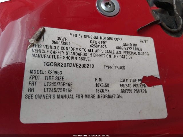 1997 Chevrolet K2500 Hd Fleetside მანქანა იყიდება აუქციონზე, vin: 1GCGK29R3VE208213, აუქციონის ნომერი: 44751988