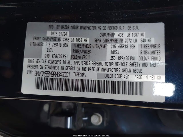 44752004 :رقم المزاد ، 3MVDMBBM9RM649001 vin ، 2024 Mazda Cx-30 2.5 S Select Sport مزاد بيع