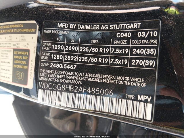 44752010 :رقم المزاد ، WDCGG8HB2AF485006 vin ، 2010 Mercedes-benz Glk 350 4matic مزاد بيع