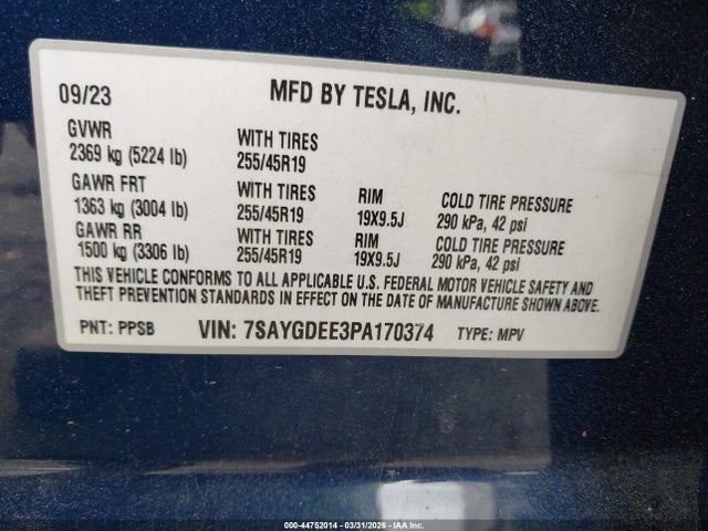 Продажа на аукционе авто 2023 Tesla Model Y Awd/long Range Dual Motor All-wheel Drive, vin: 7SAYGDEE3PA170374, номер лота: 44752014