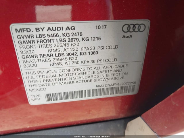 WA1CNAFY4J2072255 Audi Q5 2.0t Premium/2.0t Tech Premium