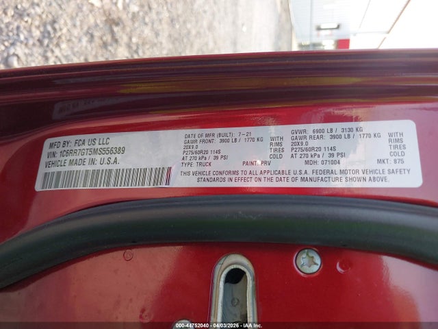 44752040 :رقم المزاد ، 1C6RR7GT5MS556389 vin ، 2021 Ram 1500 Classic مزاد بيع