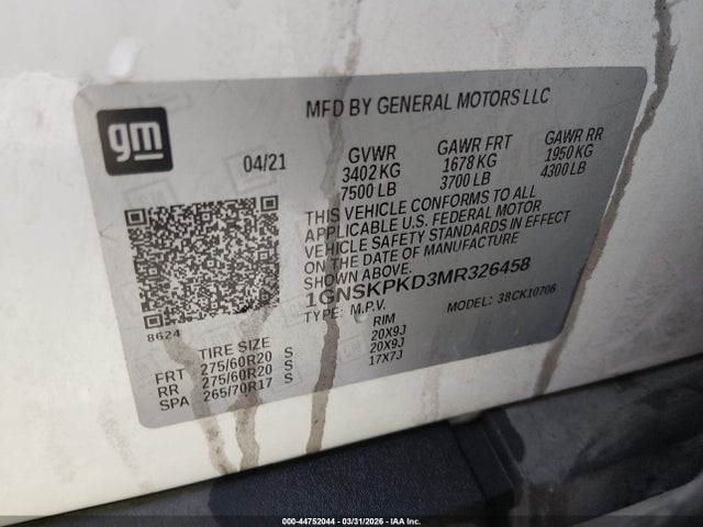 1GNSKPKD3MR326458 Chevrolet Tahoe 4wd Z71