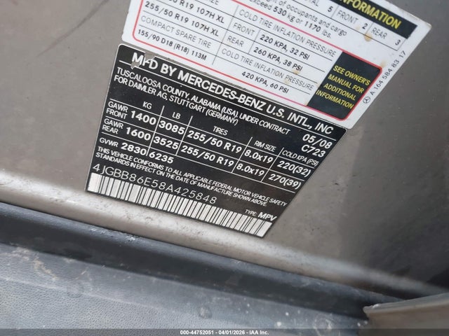 44752051 :رقم المزاد ، 4JGBB86E58A425848 vin ، 2008 Mercedes-benz Ml 350 4matic مزاد بيع