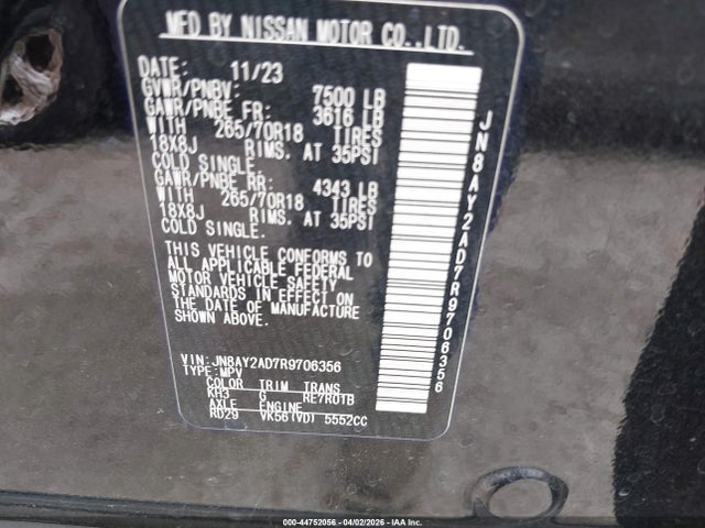 Aukcja sprzedaży 2024 Nissan Armada Sv 4wd, vin: JN8AY2AD7R9706356, numer aukcji: 44752056