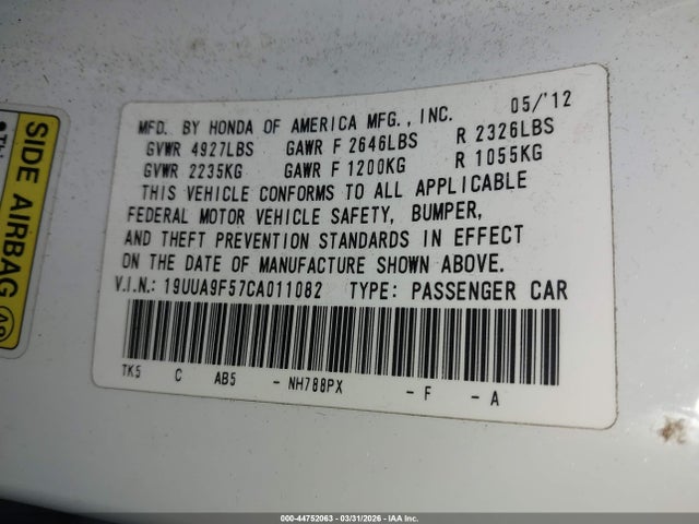 44752063 :رقم المزاد ، 19UUA9F57CA011082 vin ، 2012 Acura Tl 3.7 مزاد بيع