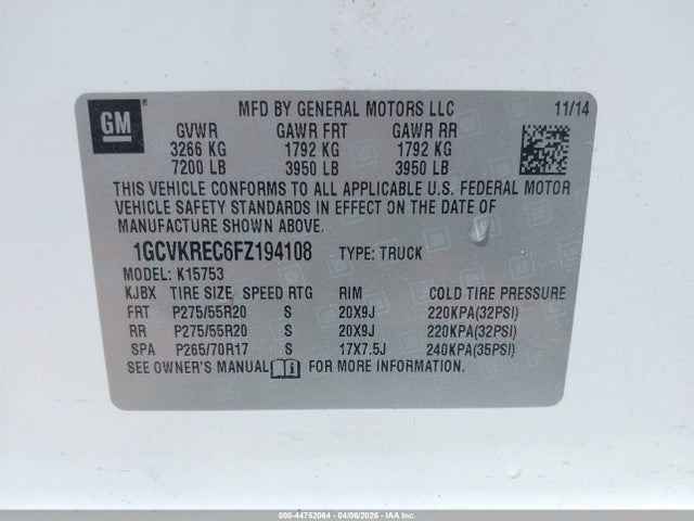 2015 Chevrolet Silverado 1500 1lt მანქანა იყიდება აუქციონზე, vin: 1GCVKREC6FZ194108, აუქციონის ნომერი: 44752064