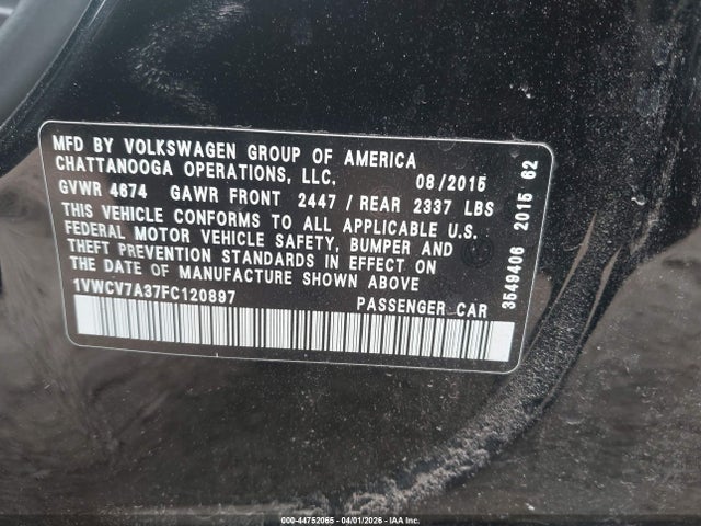 Продажа на аукционе авто 2015 Volkswagen Passat 2.0l Tdi Sel Premium, vin: 1VWCV7A37FC120897, номер лота: 44752065