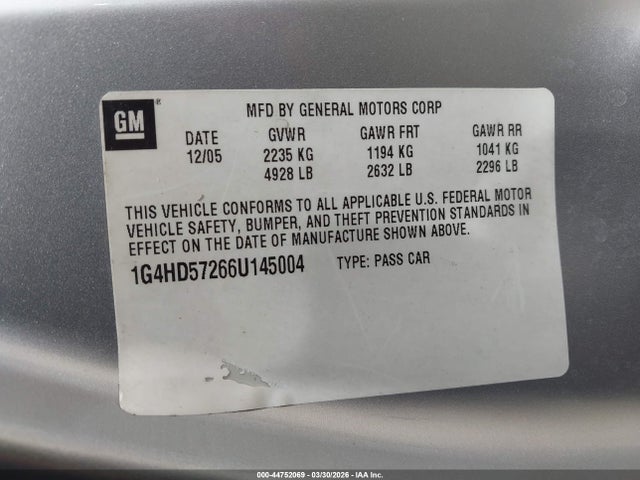44752069 :رقم المزاد ، 1G4HD57266U145004 vin ، 2006 Buick Lucerne Cxl مزاد بيع