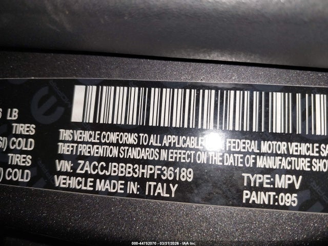44752070 :رقم المزاد ، ZACCJBBB3HPF36189 vin ، 2017 Jeep Renegade Latitude 4x4 مزاد بيع