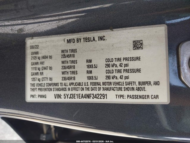 Aukcja sprzedaży 2022 Tesla Model 3 Rear-wheel Drive, vin: 5YJ3E1EA4NF342291, numer aukcji: 44752076