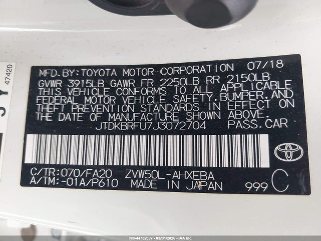 JTDKBRFU7J3072704 Toyota Prius