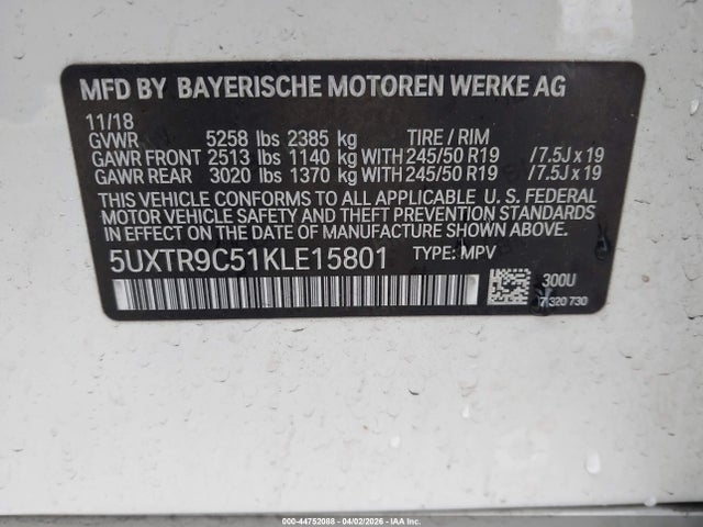 5UXTR9C51KLE15801 BMW X3 Xdrive30i