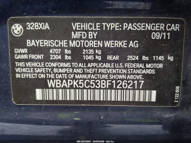 2011 Bmw 328i Xdrive მანქანა იყიდება აუქციონზე, vin: WBAPK5C53BF126217, აუქციონის ნომერი: 44752097