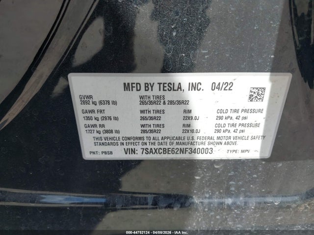 Aukcja sprzedaży 2022 Tesla Model X Plaid Tri Motor All-wheel Drive, vin: 7SAXCBE62NF340003, numer aukcji: 44752124